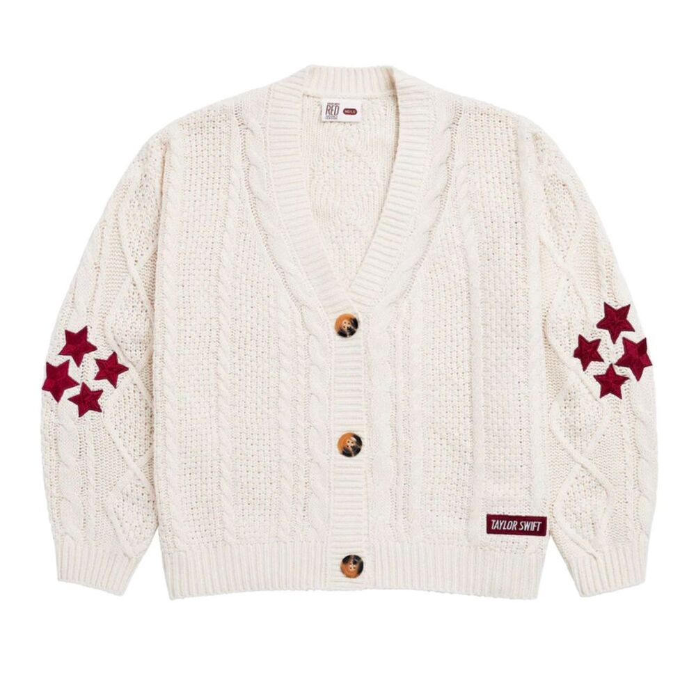 Taylor Swift Cable Knit Star Cardigan Sweater Button Front Cream Red V-Neck M/L